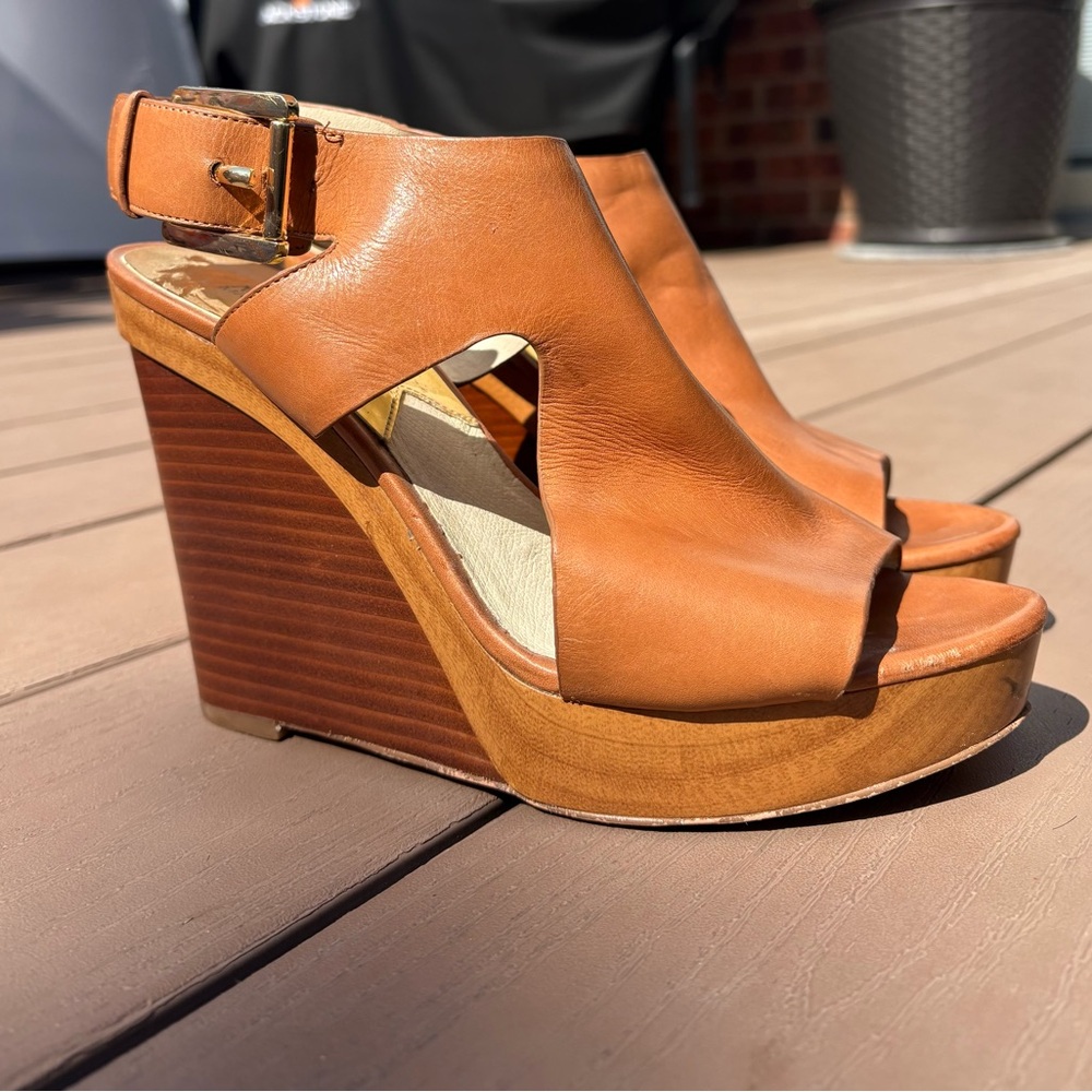 Michael Kors Tan Leather Wedges with Peep-Toe